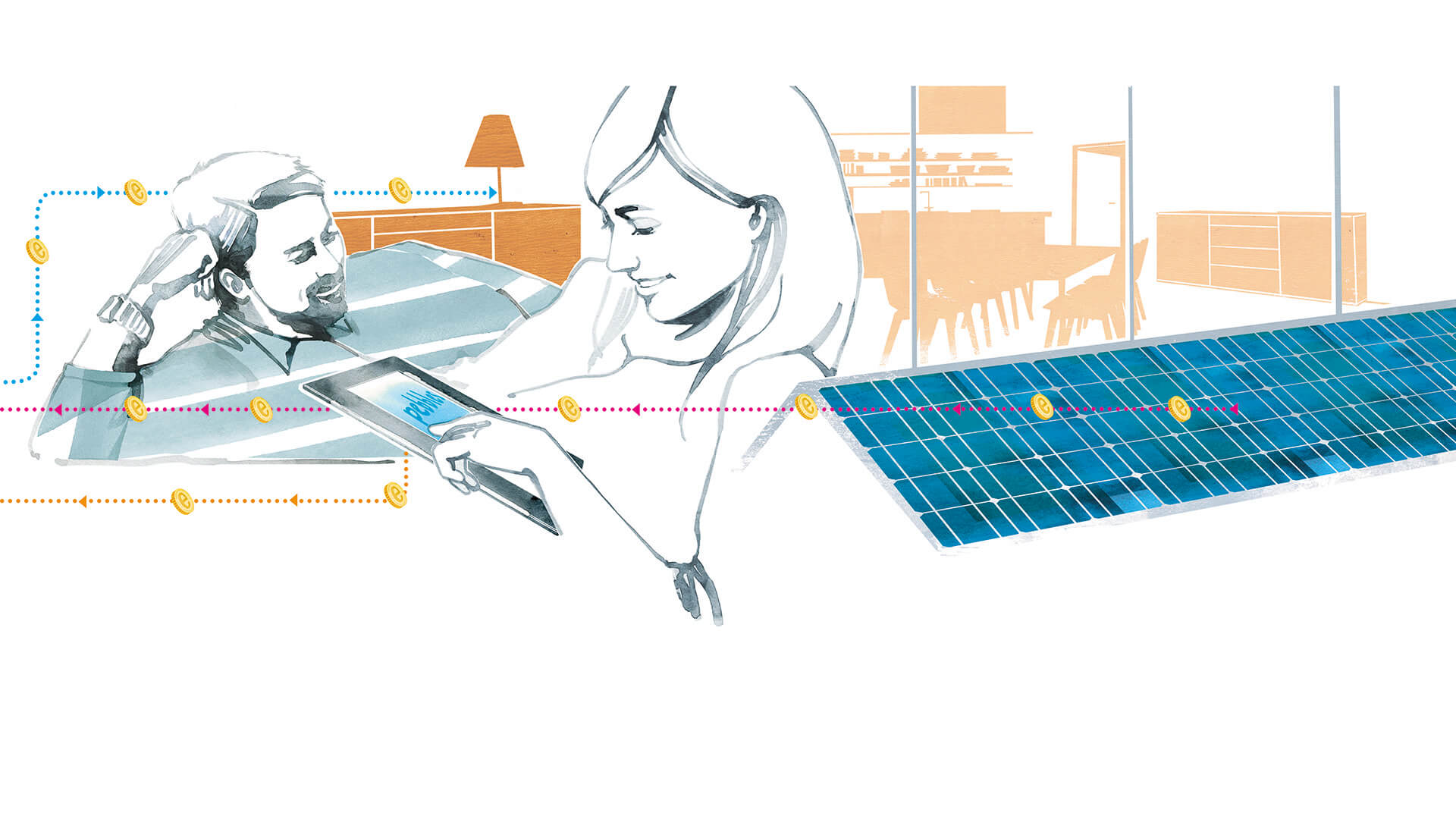 Illustration Paar mit Tablet neben PV-Anlage