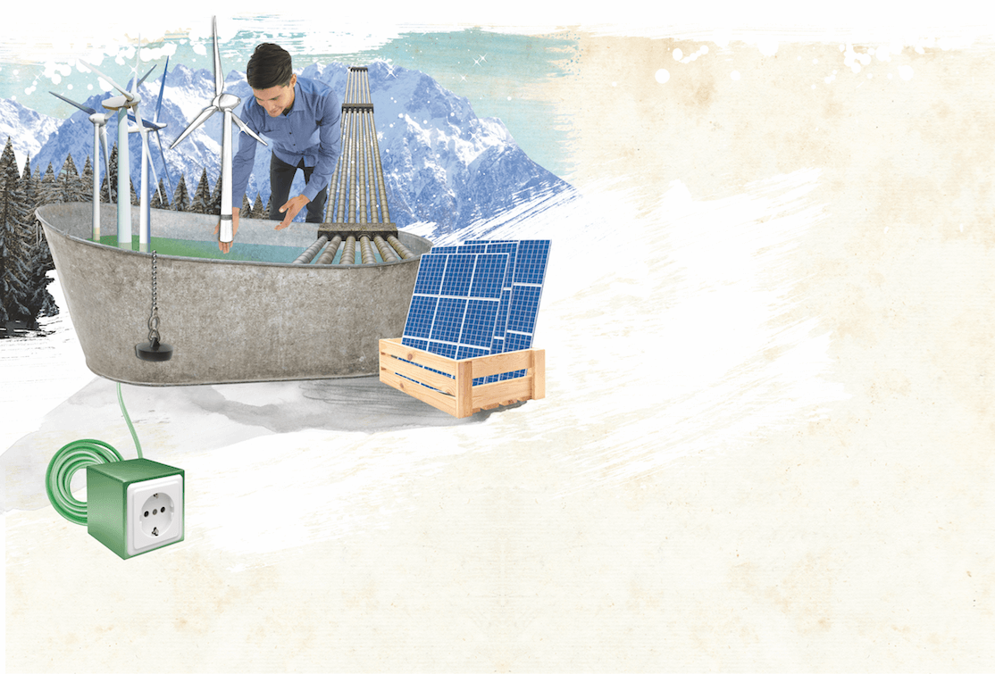 Bildcollage mit Wasserwanne, Windrädern und PV-Anlage