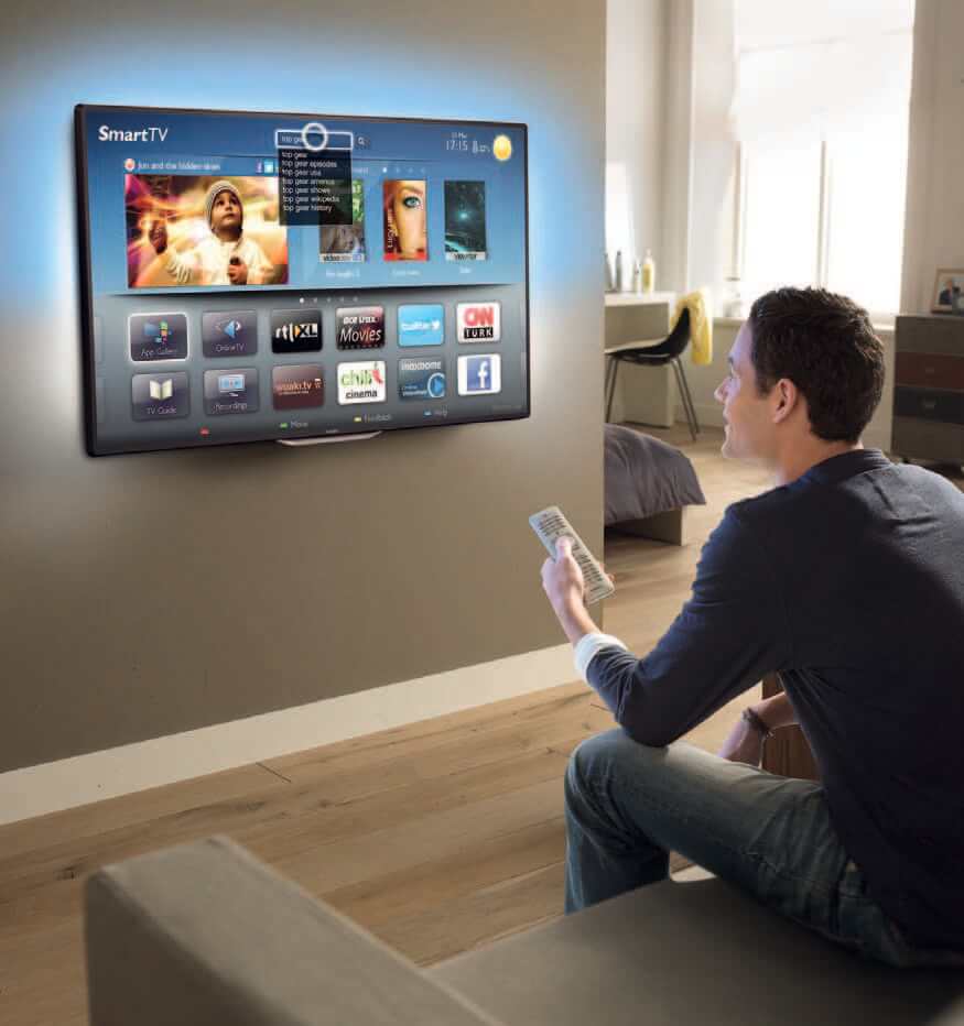 Mann hat Fernbedienung in der Hand und sitzt vor einem Fernseher